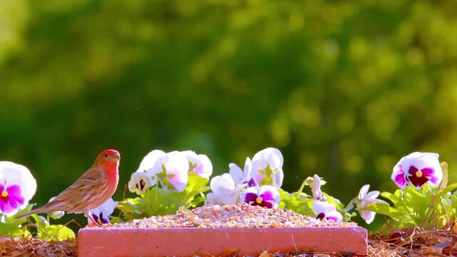 Two small house finches enjoying a sunny spring morning while eating seeds from a low bird feeder surrounded by pansies