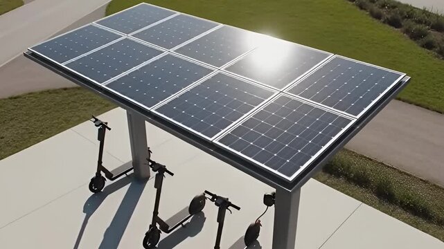 Aerial drone shot descends over a sunny park to show electric scooters charging at a solar powered station.