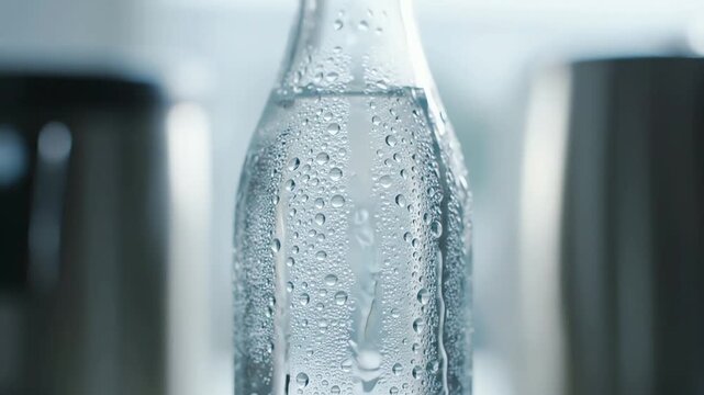 Cinematic close up of a cold, sweaty glass bottle of clear water with condensation