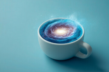 A surreal white cup filled with a swirling galaxy of stars and cosmic dust blending endless space with a simple everyday object on a blue background