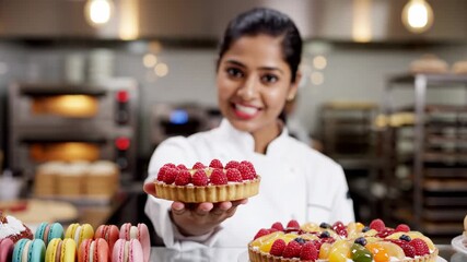 Woman baker in white chef jacket holds a raspberry tart and fruit tart in a commercial bakery kitchen, showcasing fresh baked goods.