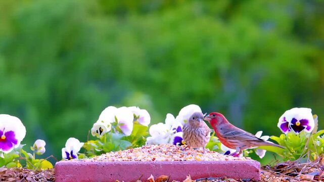 Two small colorful finches feeding on seeds from a brick bird feeder surrounded by vibrant white and purple pansy flowers outdoors