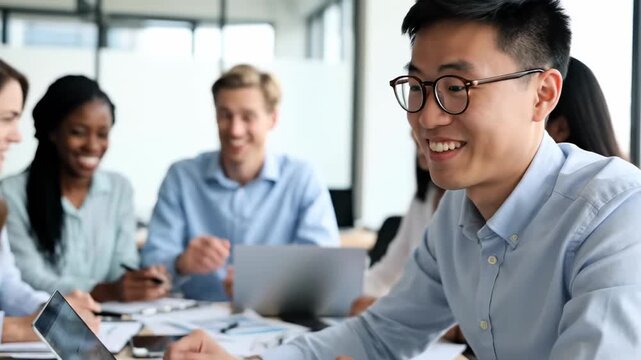 Asian man collaborating in meeting pointing at digital tablet, discussing ideas with diverse team, then smiling brightly.