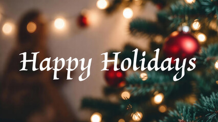 Happy Holidays Text Overlay on Festive Christmas Tree Bokeh Background. Festive horizontal banner with elegant white "Happy Holidays" text overlay on blurred Christmas tree background.
