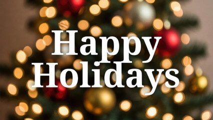 Happy Holidays greeting text over blurred Christmas tree bokeh with red gold ornaments, warm lights, horizontal digital illustration for holiday cards, banners, wallpapers.