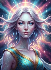 Fototapeta premium A Pleiadian with a Nordic human appearance symbolizes the connection between humanity and advanced civilizations of light, representing higher consciousness, spiritual evolution, and cosmic energy.