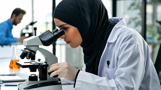 Female Scientist in Laboratory Using Microscope for Research