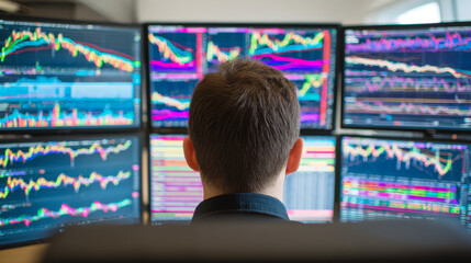 Man analyzing multiple vibrant stock market charts on large monitors in a modern office setting focused on financial trading and investment strategies