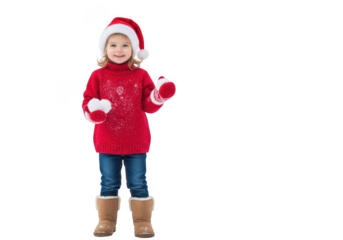 A young girl in a red christmas sweater and santa hat holding a bell while standing isolated on transparent background