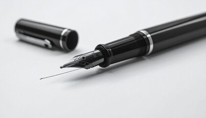 Elegant black and silver fountain pen with metallic nib resting on white surface