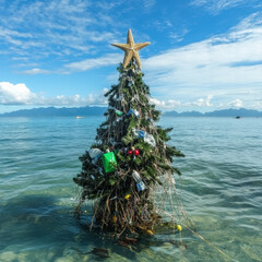 Christmas tree made of ocean trash in tropical sea