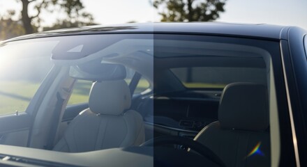 Fototapeta premium Electrochromic glass in a luxury car roof gradually shifting from transparent to shaded focusing on automotive applications of smart light control.