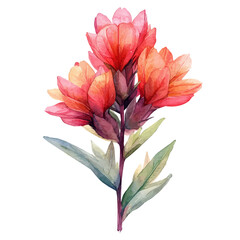 Indian Paintbrush Flower, watercolor clipart showing delicate textures and whimsical forms, isolated on a white background.