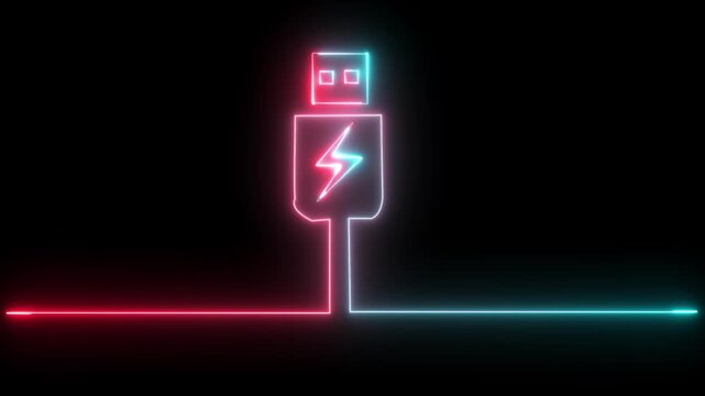 Abstract neon USB blue color port icon set. computer blue color ,USB socket data cable symbol. connect external device USB sign. isolated on black background