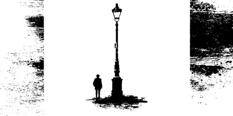 Solitary figure and streetlamp silhouette in black and white stencil art for urban design