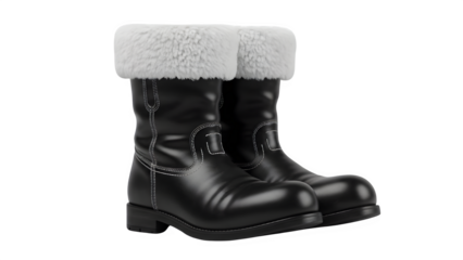 Classic Santa Boots Black Leather with White Faux Fur Cuffs Isolated on Transparent Background PNG