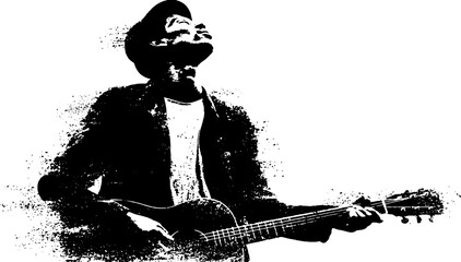 Fototapeta premium Black and white urban stencil art of a street musician playing guitar