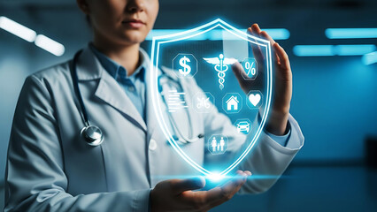 Female doctor holding holographic shield with medical and insurance icons for digital healthcare protection
