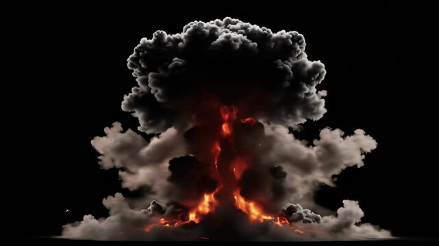 A realistic depiction of a fiery inferno featuring an explosion of smoke, steam, and fire on a dark background, capturing the intense energy and turmoil associated with catastrophic events or.