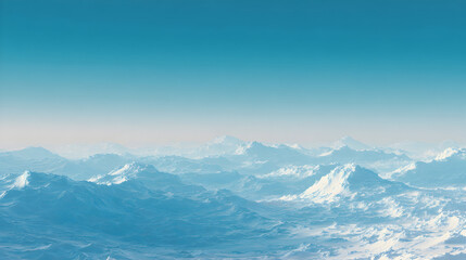 An aerial view of an expansive arctic landscape with snow-covered mountain ranges
