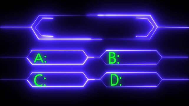 "Ultimate Neon Quiz Challenge: Test Your Brain with Exciting Multiple Choice Questions in Futuristic Game Show Style" black background 4k video .