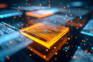 Futuristic digital interface with glowing data blocks and vibrant orange and blue lights representing advanced technology and information flow in cyberspace