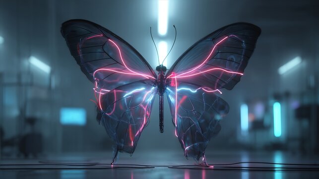 Neon Butterfly in Dark Room with Glowing Lights