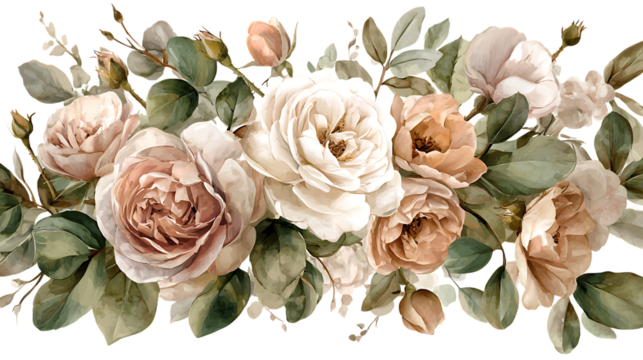 Bouquet of white and pink roses with green leaves isolated on a transparent background flowers white roses - Powered by Adobe