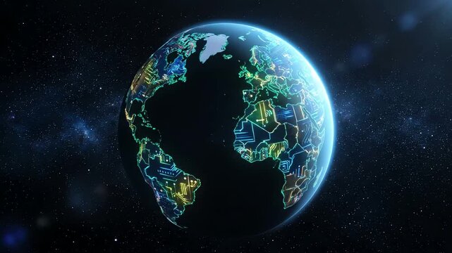 A futuristic animation of an oval-shaped digital Earth with glowing circuit board continents floating in space representing global connectivity.