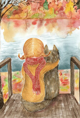 ​Heartwarming watercolor illustration of a ginger girl in a yellow coat and scarf hugging her dog on a wooden pier in autumn. Fall, friendship, and cozy mood.