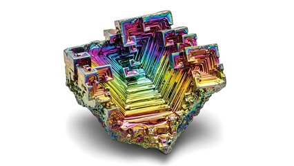 Iridescent Bismuth Crystal Showing Step-like Growth Patterns and Vibrant Rainbow Colors
