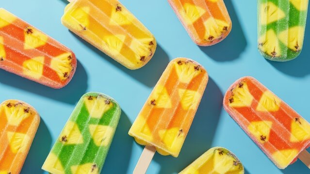 Colorful fruit popsicles pattern on blue background for summer refreshment