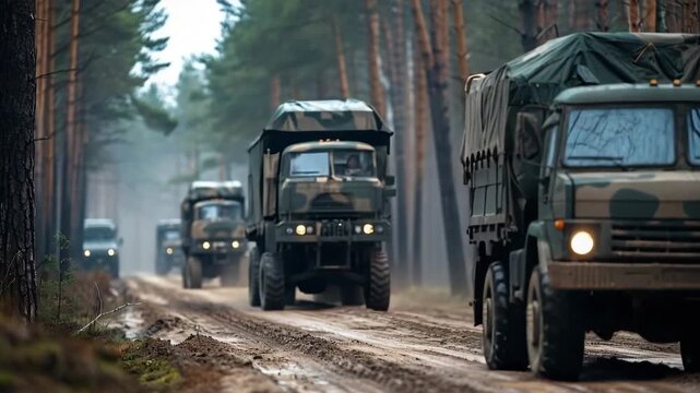 Military truck convoy driving through a muddy forest road