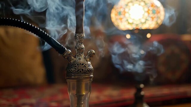 Atmospheric close-up of a bubbling hookah with rising smoke in a relaxing lounge with a mosaic lamp