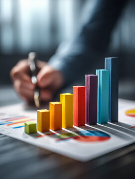 Person analyzing colorful ascending bar chart on printed paper with pen during business data review and strategic planning session at office desk