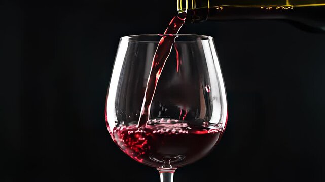 Luxurious red wine pours into a stylish glass on a sleek black background, capturing the refined essence of fine dining, sophisticated gatherings, and romantic evening settings.
