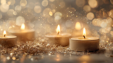 Warm glowing tealight candles creating a cozy and festive ambiance with sparkling bokeh lights in the background for celebration or relaxation moments