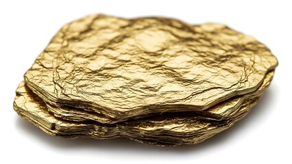 Close-up of a radiant and textured gold flake or fragment, showcasing its brilliant metallic luster against a pristine white background, symbolizing wealth and preciousness