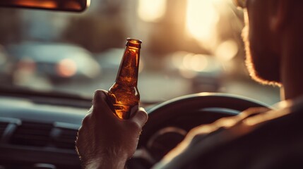 Man Holds Beer Bottle While Driving a Vehicle, Showing the Risks and Dangers of Distracted Driving in a Busy City During Sunset