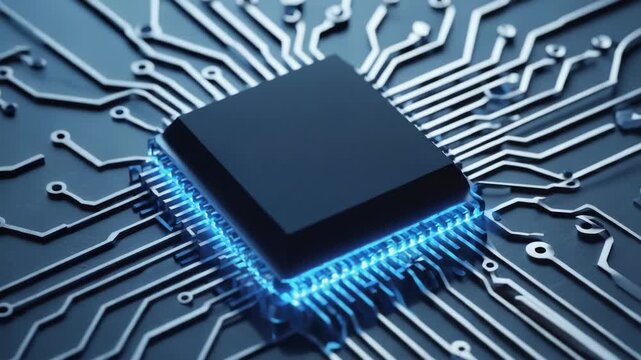 A futuristic glowing microchip on a circuit board represents advanced technology