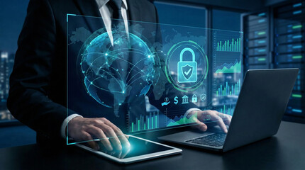 Cybersecurity and Blockchain Security in Digital Data Protection. Businessman with cybersecurity and blockchain icons, encryption, and decentralized for financial security, privacy, and online safety