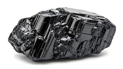 Captivating close-up of a raw, black crystalline mineral specimen, showcasing its intricate natural facets and reflective surfaces against a pristine white studio backdrop