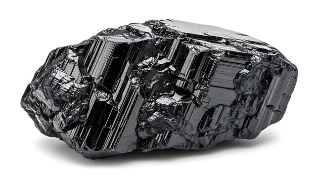 Captivating close-up of a raw, black crystalline mineral specimen, showcasing its intricate natural facets and reflective surfaces against a pristine white studio backdrop
