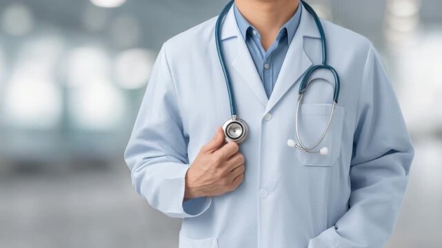 Medical Professional in White Coat Holding Stethoscope with Confident Smile in Bright Clinic Environment 4k video footage