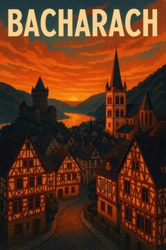 Retro sunset illustration of Bacharach featuring traditional half-timbered houses, castle and church towers nestled in a river valley with golden skies above