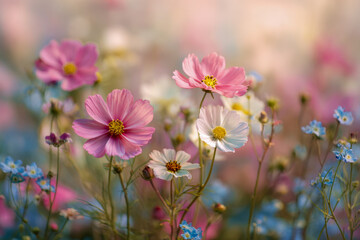 Fototapeta premium Soft focus garden scene featuring delicate pink, white, and blue wildflowers blooming gently in warm, natural sunlight with a blurred pastel background
