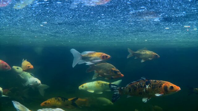 Large and Vibrant Koi Pond Underwater View with Many Fish in Clear Blue Water
