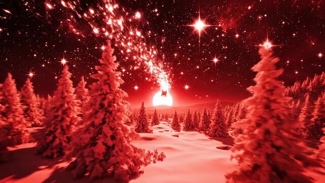 Animated night sky with sleigh above snowy forest red tones