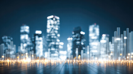 Futuristic cityscape with glowing data visualizations at night
