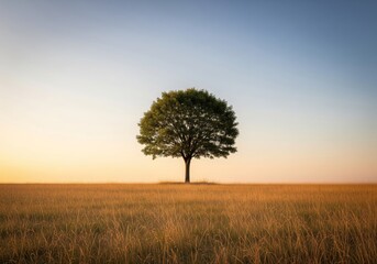 Obraz premium Lone tree in wide golden field under clear gradient sky